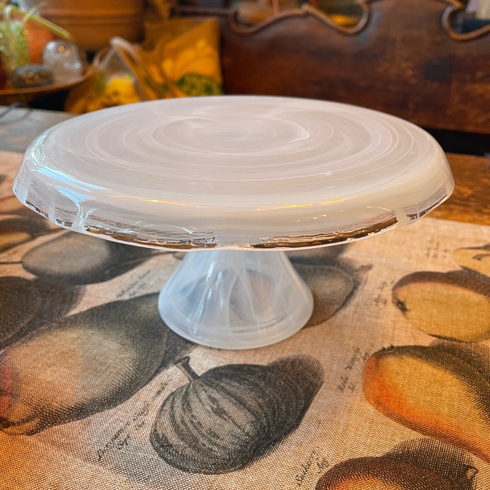 Handblown White Swirl Glass Cake Stand-free shipping